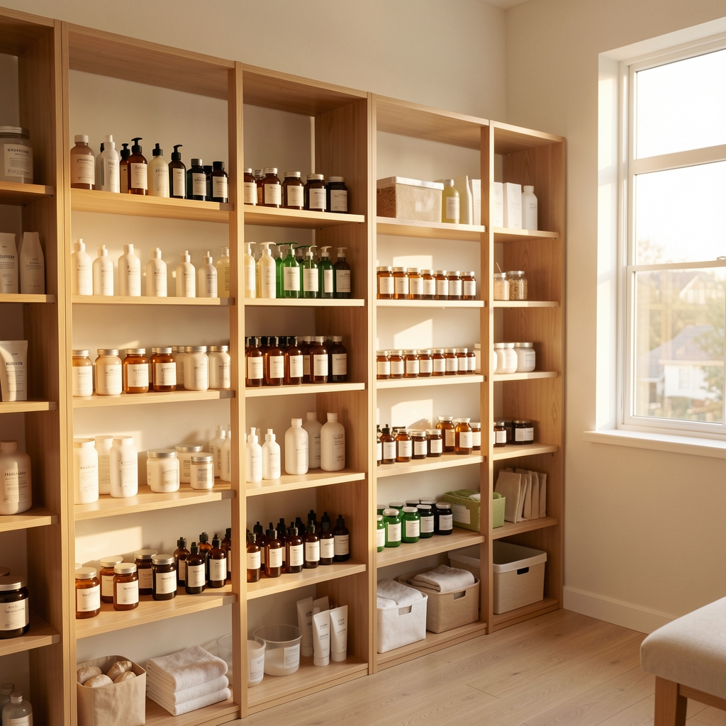 Interior of a clean wellness studio with open shelving, natural wood, warm afternoon light