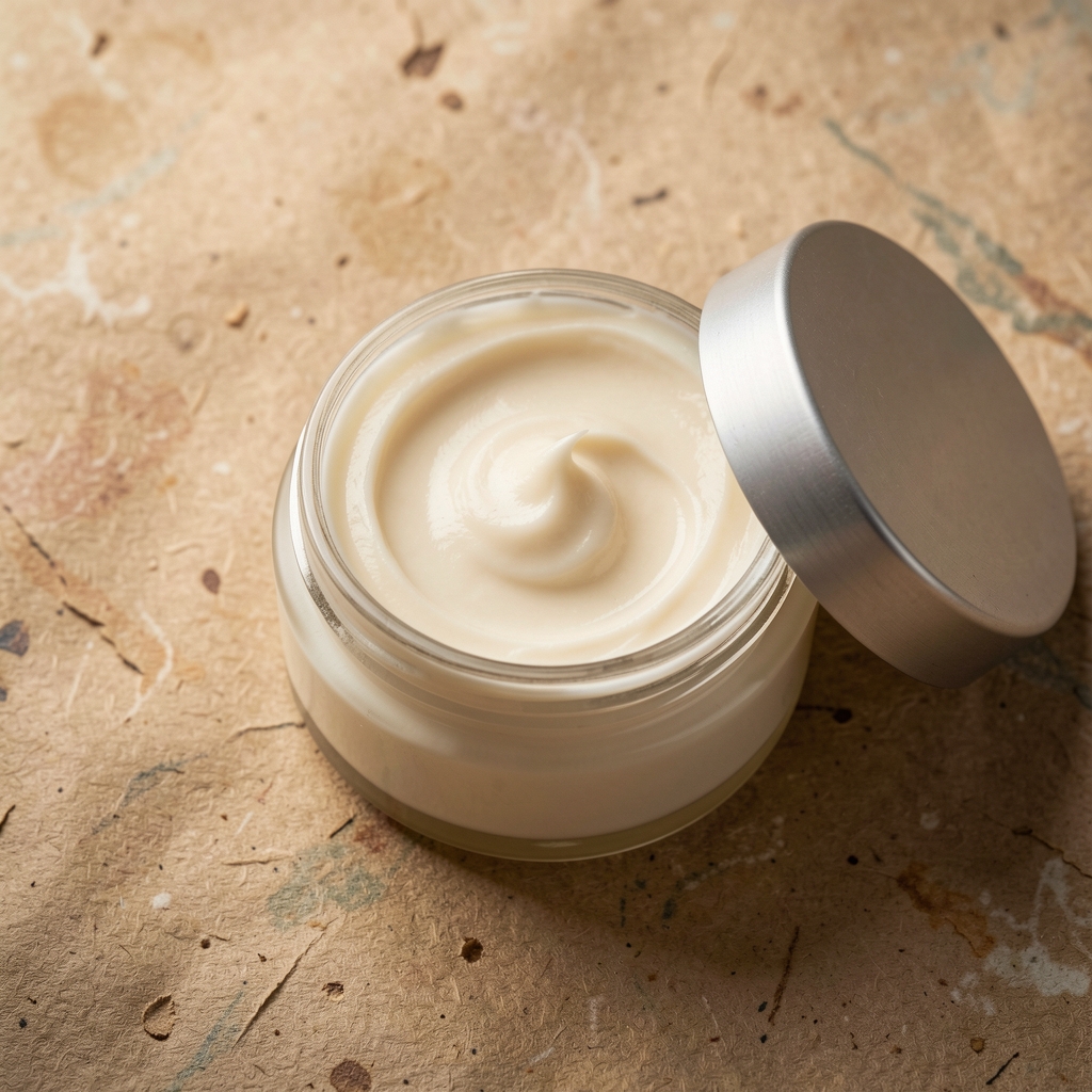 Open body lotion jar with a soft cream texture on a textured natural surface, flat lay composition